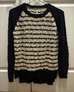 Monteau Los Angeles Black and Cream Striped Textured Knit Raglan Sweater Size S